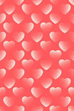 Hearts Old Fashioned Seamless Pattern Light Red And White Abstract Background. Cute Valentines Day Trendy Repetitive Vertical Wallpaper. Heart Love Symbol Wrapping Paper Grainy Texture. Tileable Artのイラスト素材