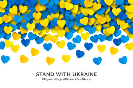 Stand With Ukraine Vector Falling Yellow Blue Paper Hearts Border Isolated On White Background. Pray And Stay Solidarity With Ukraine Vector Wallpaper. Ukrainian National Flag Colours Abstract Artworkのイラスト素材