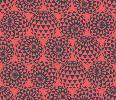 Checkered Triangle Patterned Balls In Different Positions Psychedelic Art Seamless Abstract Vector Red Black Background. Freaky Acid Trip Crazy Repetitive Wallpaper. Weird Sphere Hypnotic Illustrationのイラスト素材