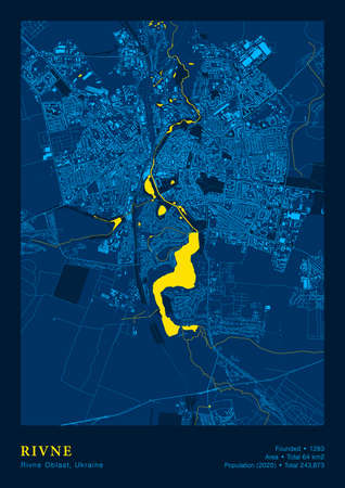 City Rivne Ukraine Vector Poster Highly Detailed Map In Patriotic National Yellow Blue Flag Colors. City Transport System Cartography Includes Grouped Map Features Buildings Roads And Water Objectsのイラスト素材