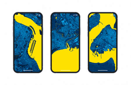 Ukraine Mariupol Dnipro Mykolaiv City Maps Patriotic Wallpaper Set On Photo Realistic Smart Phone...