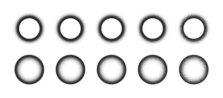 Different Variations Of Vector Hand Drawn Grainy Faded Circles Abstract Shapes Set Isolated On White. Various Degree Inner Outer Black Noise Texture Gritty Round Frames Design Elements Collectionのイラスト素材