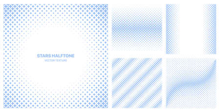 Assorted Various Pale Blue Stars Halftone Textures Vector Different Geometric Patterns Set Isolated On White Background. Modern Half Tone Graphic Pattern Variety Texture Design Elements Collectionのイラスト素材