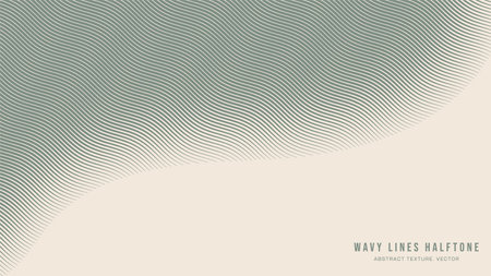 Wavy Ripple Lines Halftone Engraving Pattern Abstract Vector Smooth Curved Pale Green Border Isolated On Light Background. Half Tone Art Graphic Aesthetic Neutral Wallpaper. Bent Form Abstractionのイラスト素材