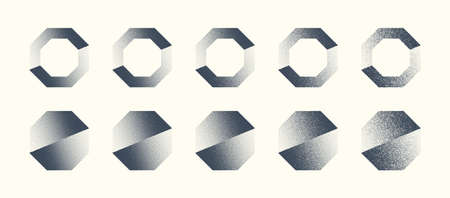 Abstract Shifted Octagon Shapes Hand Drawn Retro Dotwork Art Vector Set In Different Variations...