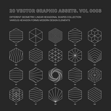 Vector Graphic Assets Various Outline Geometric Hexagon Shapes Collection Isolate On Back. Line Art Sacred Geometry Meta Modern Different Design Element Set. Abstract Graphic Icons Trendy Illustrationのイラスト素材
