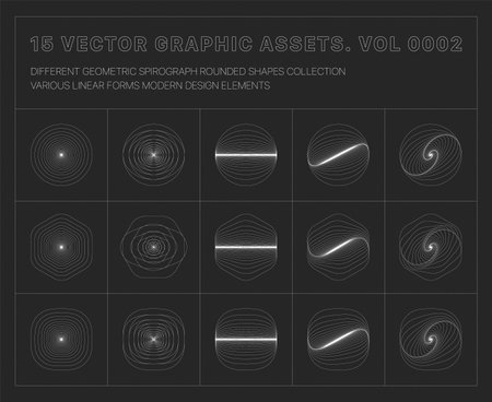 Vector Graphic Assets Various Geometric Spirograph Shapes Set Isolate On Back. Different Linear Forms Retro Futurism Design Elements Set. Experimental Frequency Wave Forms Abstract Trendy Illustrationのイラスト素材