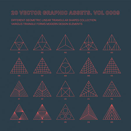 Vector Graphic Assets Various Outline Geometric Triangles Collection Isolated On Back. Line Art Graphic Mystic Magic Occult Abstract Triangular Symbols And Esoteric Icons Different Design Elements Setのイラスト素材