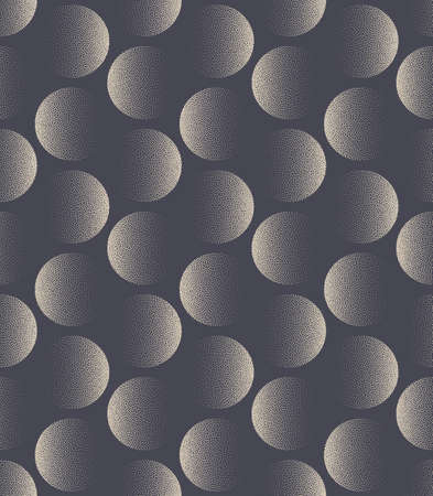 Different Stipple Gradient Circles Seamless Pattern Vector Abstract Background. 50s 60s 70s Retro Fashioned Textile Design Dot Work Grainy Texture Repetitive Grey Wallpaper. Half Tone Art Illustrationのイラスト素材