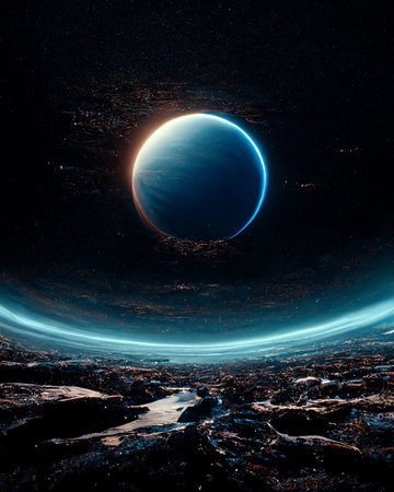 Neptune Blue Planet CG Digital Painting Spectacular Vertical Art Illustration. Sci-Fi Deep Space AI...