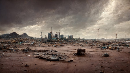 City Dump in Wasteland Sci-Fi Post Apocalyptic Panoramic Wallpaper. Big Landfill Outside the City in Desert Landscape Art Illustration. CG Digital Painting AI Neural Network Computer Generated Artの写真素材