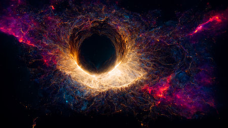 Cosmic Supermassive Black Hole Spectacular Art Illustration. Center of Galaxy Super Gravitation Field Concept Deep Space Abstract Background. Digital Painting AI Neural Network Computer Generated Artの写真素材