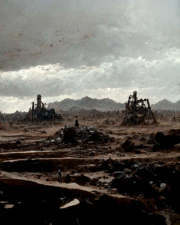 Destroyed Machines in Post Apocalyptic Wasteland Landscape Art Illustration. Ruins of Lost...