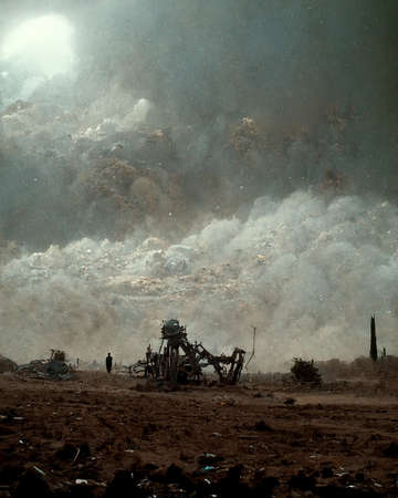 Destroyed Robotic Mechanism in Post Apocalyptic Wasteland Landscape Art Illustration. Life After the...