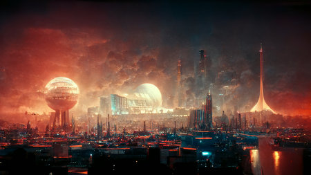 Science Fiction Atomic Power City Skyline Panoramic Digital 3D Art Illustration. Sci-Fi Industrial Metropolis Fantastic Background. CG Digital Painting AI Neural Network Generated Art Wide Wallpaperの写真素材