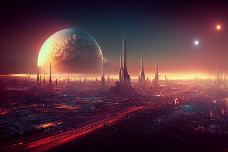 Sci-Fi Futuristic High Technologic Metropolis Skyline on Alien Planet Art Illustration....