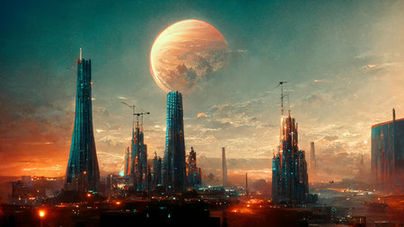 Construction of the Futuristic City on Alien Exoplanet Suitable for Life Art Illustration. Extraterrestrial Civilization World Background. CG Digital Painting AI Neural Network Generated Art Wallpaperの写真素材