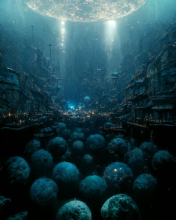 Underwater City Science Fiction Scenery 3D Art Illustration. Alien Metropolis in Sea Abyss Sci-Fi...