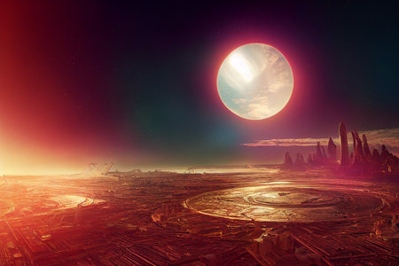 Ancient Alien Metropolis on Radioactive Planet Science Fiction Art Illustration. Deep Space...