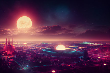 Futuristic Cyberpunk Night City Sci-Fi Conceptual 3D Art Illustration. Cyber Punk Metropolis Aerial...