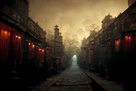 Fairy Tale Mystical Empty Red Lights Street of the Ancient Town 3D Art Illustration. Spooky Alley of Oldtown Atmospheric Background. Fantasy Scary Environment AI Neural Network Generated Art Wallpaperの素材