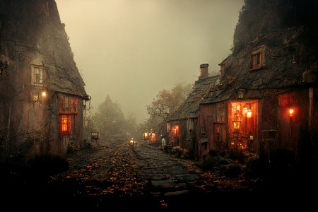 Spooky Ugly Huts at Autumn Misty Mystical Ghost Village 3D Art Illustration. Witch Street of Creepy Old Small Town Halloween Horror Background. AI Neural Network Generated Art Wallpaperの写真素材