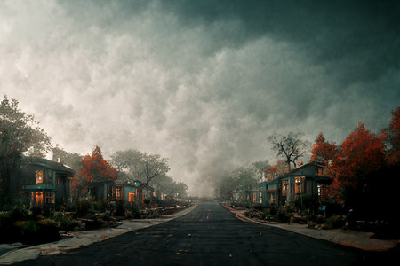 Empty Autumn Street of American Suburb in Mystic Atmosphere 3D Art Illustration. Fall in Old Small Town Cinematic Style Background. Thriller Movie Environment AI Neural Network Generated Art Wallpaperの素材