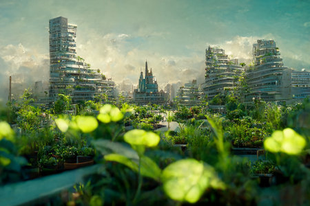 Environmentally Friendly Green Utopia Modern City District 3D Art Illustration. Sustainable Buildings in Green Ecologic Metropolis Background. City Farming Concept AI Neural Network Generated Artの写真素材