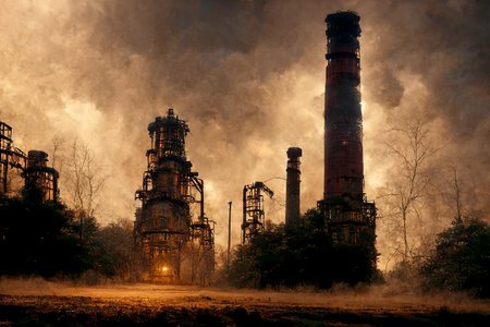 Spooky Old Industrial Buildings in a Mystical Environment 3D Art Illustration. Creepy Blast Furnace Horror Movie Scene Atmospheric Background. Haunted Factory AI Neural Network Generated Art Wallpaperの素材