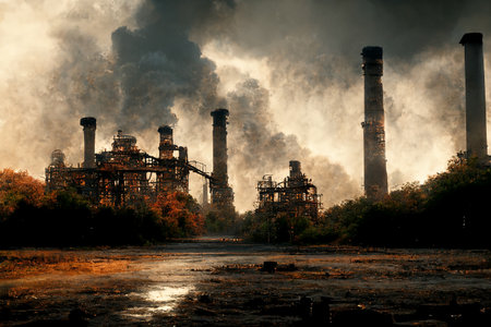 Mystical Scary Old Industrial Plant Horror Movie Environment 3D Art Illustration. Haunted Desolate Factory Spooky Atmosphere Background. Creepy Sloss Furnace AI Neural Network Generated Art Wallpaperの素材