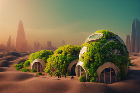 Plant Covered Dome Houses in Desert Outside the Futuristic City 3D Art Illustration. Green Ecology Buildings Conceptual Sci-Fi Background. AI Neural Network Generated Art Wallpaperの素材