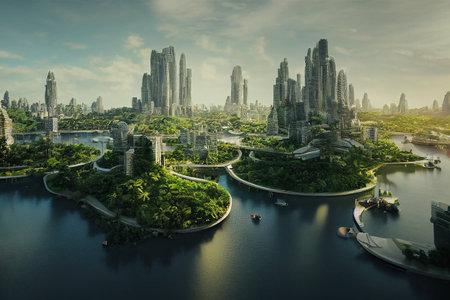 Green Utopia Futuristic Metropolis on the Coast of a Tropical Sea 3D Art Illustration. Environment Friendly Green Ecologic Sci-Fi City Conceptual Background. AI Neural Network Generated Art Wallpaperの写真素材
