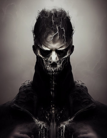 Ominous Hell Demon with Scary Face and Empty Black Eyes 3D Art Conceptual Illustration. Terrible...