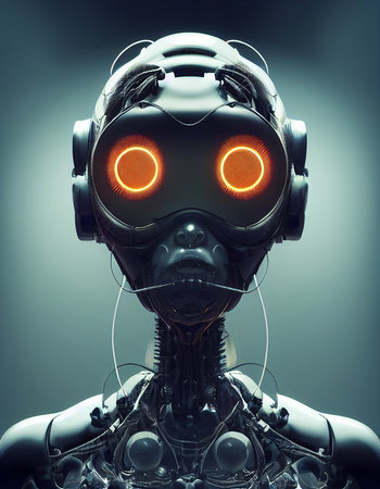 Sci-Fi Humanoid Robot in Augmented Reality Glasses 3D Conceptual Art Illustration. Vertical Portrait of Spooky Cyborg Mechanism Science Fiction Movie Character. AI Digital Neural Network Art Workの写真素材