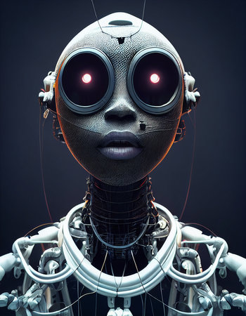 Sci-Fi Female Cyborg Face Mechanism 3D Conceptual Art Illustration. Vertical Portrait of Futuristic...