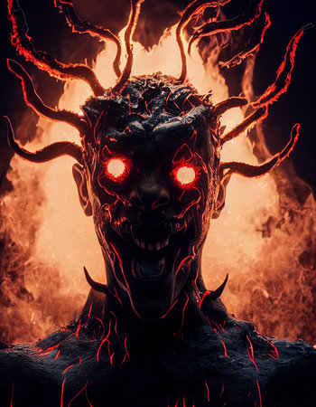 Frightening Mad Hellish Burning Demon in Flame 3D Art Conceptual Illustration. Vertical Portrait of...