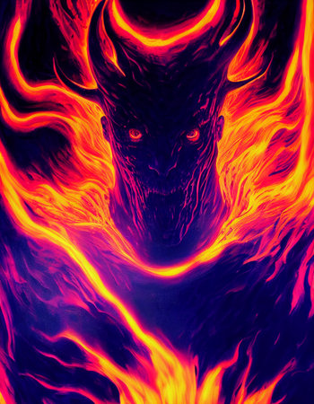 Savage Terrible Infernal Furious Satan in Flame 3D Concept Art Illustration. Vertical Portrait of Horrible Blazing Devil in Hell Horror Movie Character. Spooky Hellish Demonic Monster in Rage Artworkの写真素材
