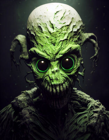 Spooky Green Alien Face with Big Eyes and Fangs 3D Concept Art Illustration. Vertical Portrait of Extraterrestrial Life Terrible Creature. Scary Demonic Monster from Deep Space Horror Movie Characterの写真素材