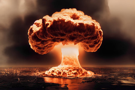 Nuclear Bomb Massive Explosion in Civil City 3D Art Work Spectacular Illustration. Nuclear World War Tragic Fearful Apocalyptic Scene Stunning Dramatic Abstract Background. Nuclear Armageddon Artworkの写真素材