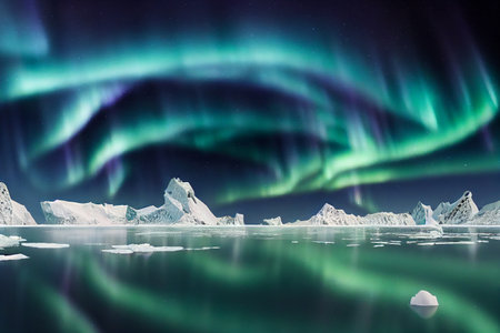 Awesome Aurora Borealis Over Arctic Iceberg Seascape 3D Art Work Spectacular Nature Background. Gorgeous Polar Lights Above Northern Frozen Antarctic Sea Stunning Night Photography Wonderful Wallpaperの写真素材