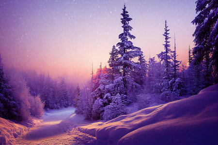 Beautiful Slope Through the Spruce Forest in Ski Resort at Sunset 3D Art Work Spectacular Nature Background. Winter Snowy Woodland at Sundown Stunning Photo Scenery Wallpaper. Wintry Art Illustrationの写真素材