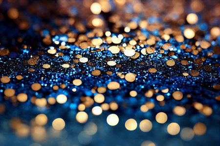 Closeup Blue Powder and Golden Glitter 3D Artwork Abstract Background. Brilliant Cosmetic Dust...