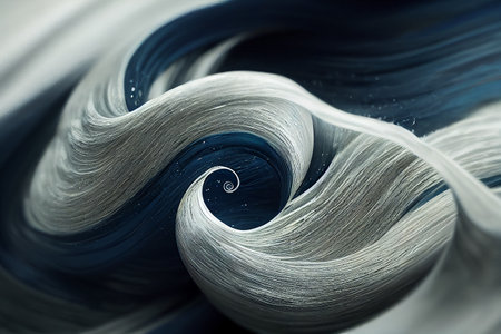 Swirling Elegant Blue White Thin Fibers 3D Artwork Abstract Background. Twisted Textile Fibre Structure Beautiful Stylish Wallpaper. Fabric Material Three Dimensional Abstraction Art Illustrationの写真素材