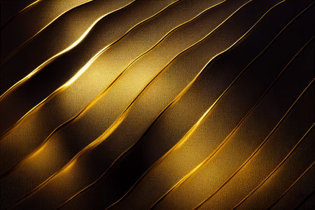 Oblique Golden Metal Strips Conceptual 3D Artwork Luxury Abstract Background. Dark Gold Tilted Striped Structure Elegant Fancy Wallpaper. Incline Wavy Stripes Abstraction Graphic Art Illustrationの写真素材