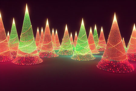 Stylized Brightly Lit Cone Christmas Trees 3D Artwork Abstract Background. Merry Christmas and Happy...