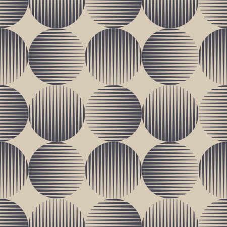 Different Circles with Hatching Seamless Pattern Trend Cool Retro Abstract Background. 60s 70s Style Graphic Design Textile Print Repetitive Wallpaper. Striped Halftone Art Continuous Abstractionのイラスト素材