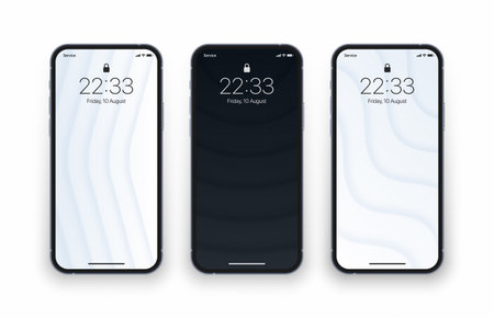 Various Black And White 3D Layered Smooth Blurred Dynamic Structure Wallpapers Set On Photorealistic Mobile Phone Screen Isolated On White. Set Of Vertical Abstract Backgrounds For Smartphoneのイラスト素材