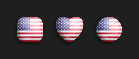 USA Official National Flag 3D Vector Glossy Icons In Rounded Square, Heart And Circle Shapes Isolate On Background. United States Sign And Symbols Graphic Design Elements Volumetric Buttons Collectionのイラスト素材