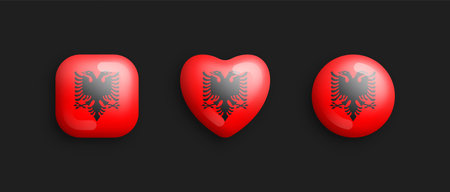 Albania Official National Flag 3D Vector Glossy Icons In Rounded Square, Heart And Circle Form Isolated On Background. Albanian Sign And Symbols Graphic Design Elements Volumetric Buttons Collectionのイラスト素材