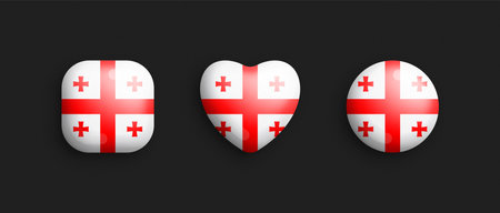 Georgia Official National Flag 3D Vector Glossy Icons In Rounded Square, Heart And Circle Shape Isolate On Background. Georgian Sign And Symbols Graphic Design Elements Volumetric Buttons Collectionのイラスト素材